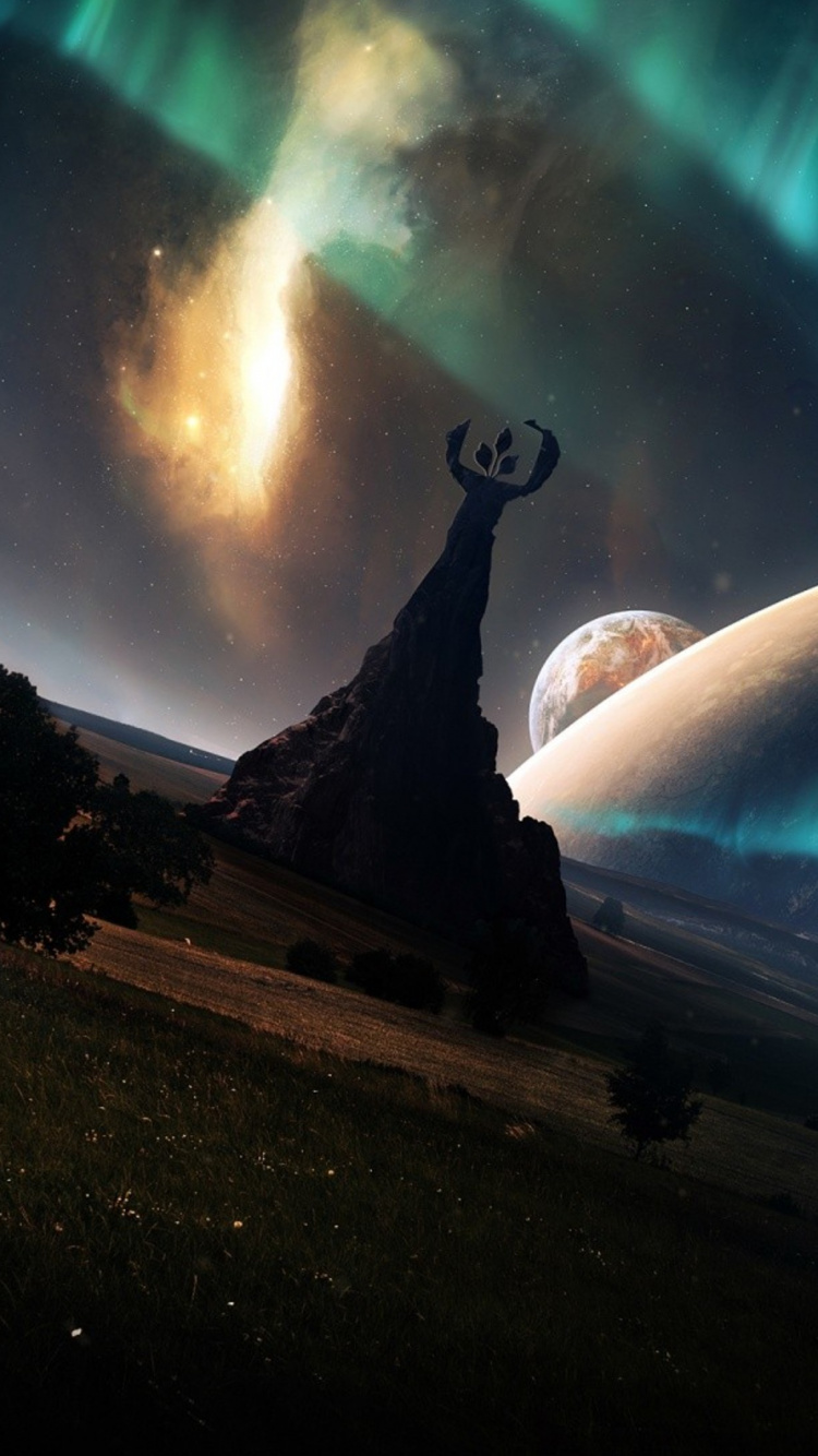 Silhouette of Person Standing on Hill Under Green Sky With Stars During Night Time. Wallpaper in 750x1334 Resolution