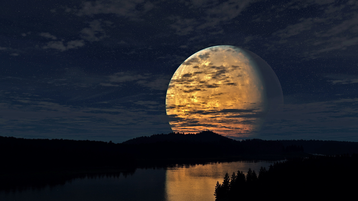 Luna Llena Sobre el Lago. Wallpaper in 1366x768 Resolution