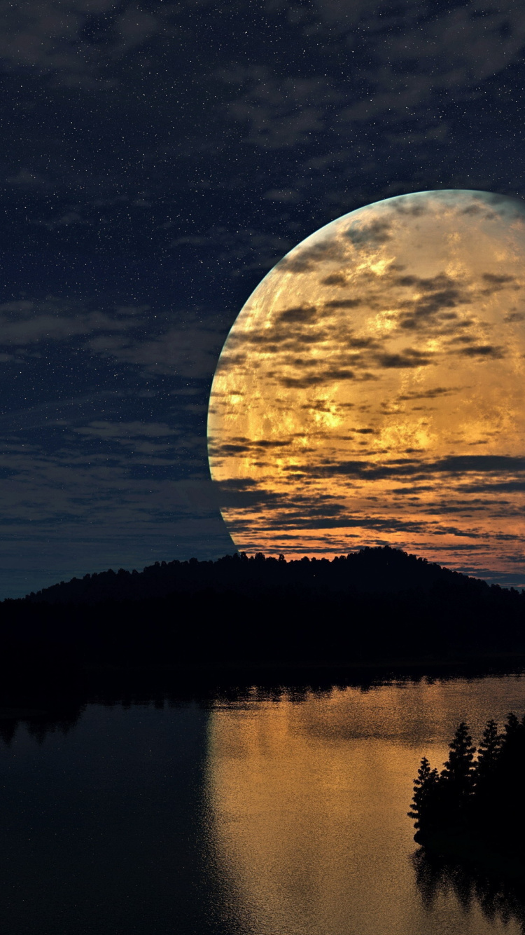 Luna Llena Sobre el Lago. Wallpaper in 750x1334 Resolution
