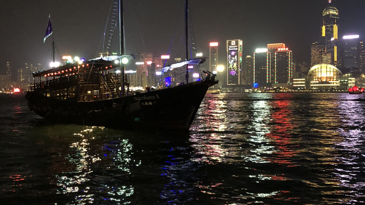 Hong Kong, Réflexion, Eau, Nuit, Motomarine. Wallpaper in 1280x720 Resolution