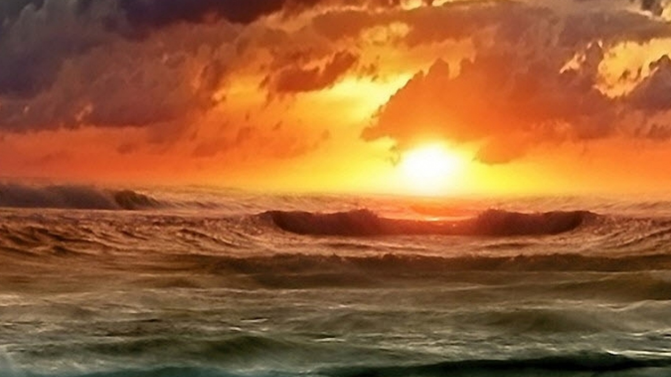 Ocean Waves Under Orange and Blue Sky. Wallpaper in 1366x768 Resolution