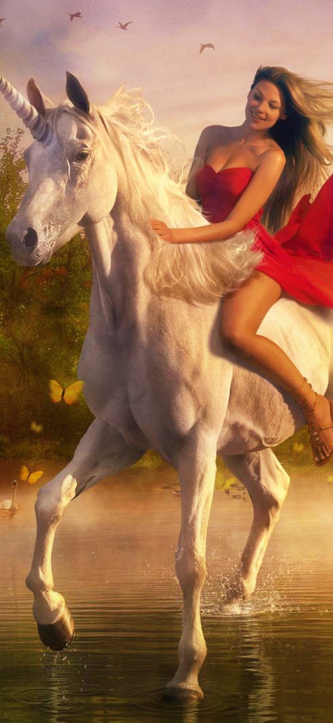 Frau im Roten Kleid Reitet Weißes Pferd Auf Dem Wasser. Wallpaper in 1125x2436 Resolution