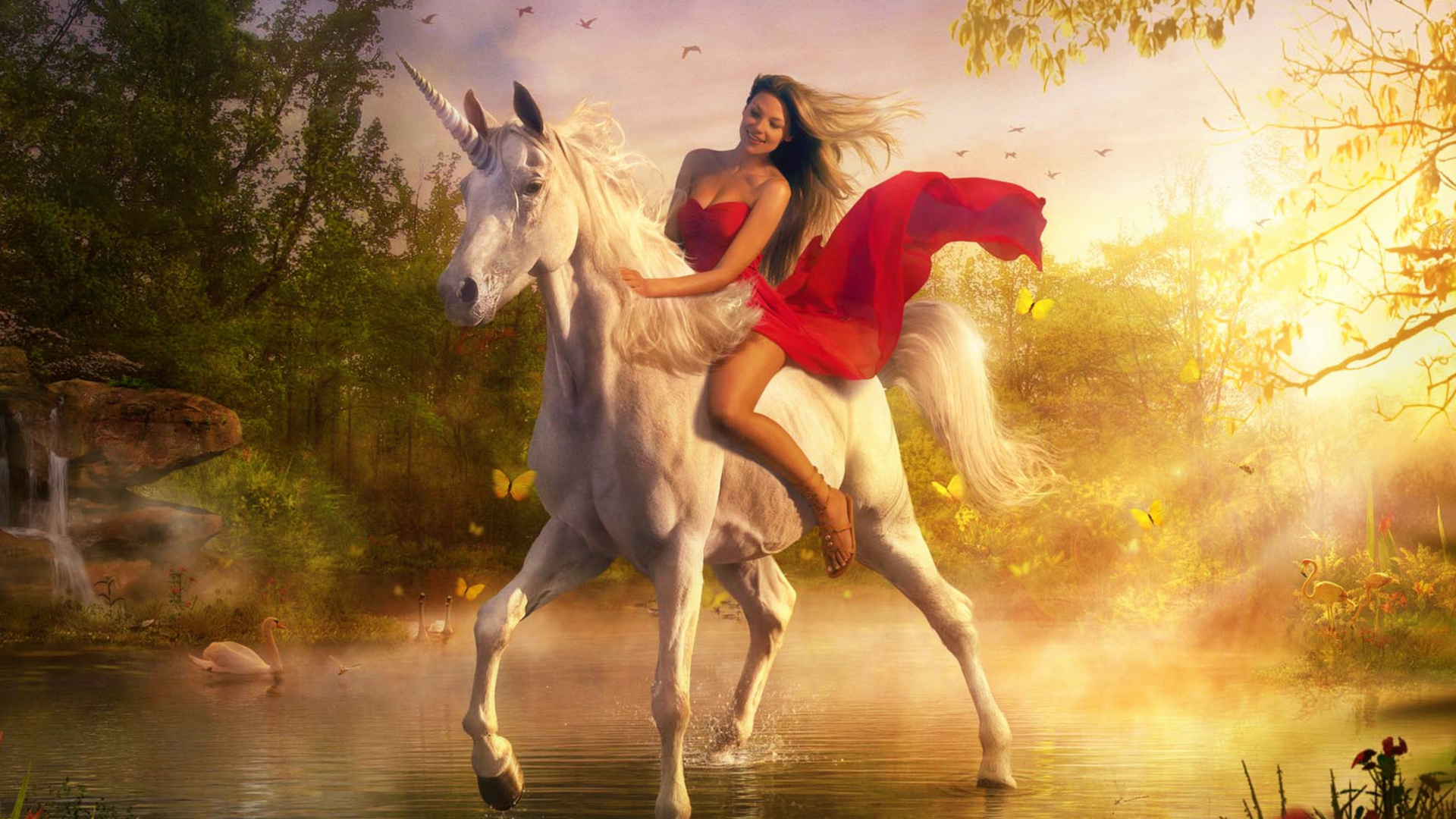 Frau im Roten Kleid Reitet Weißes Pferd Auf Dem Wasser. Wallpaper in 1920x1080 Resolution