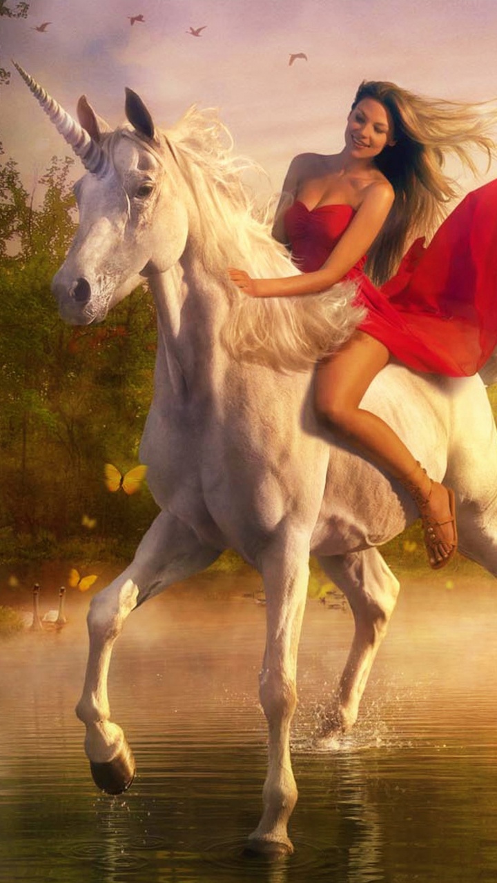 Frau im Roten Kleid Reitet Weißes Pferd Auf Dem Wasser. Wallpaper in 720x1280 Resolution