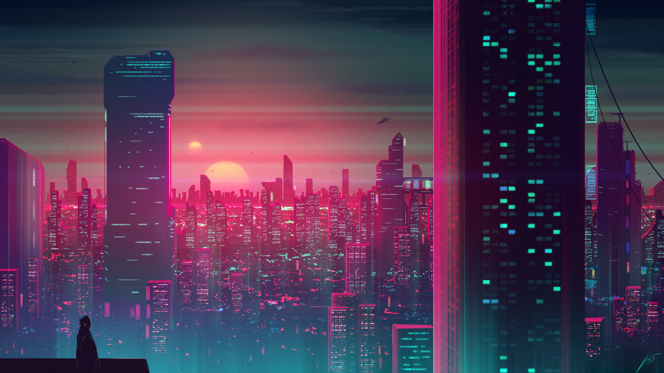 Tag-und Nacht, Science-fiction, Digitale Kunst, Wolkenkratzer, Gebäude. Wallpaper in 1366x768 Resolution