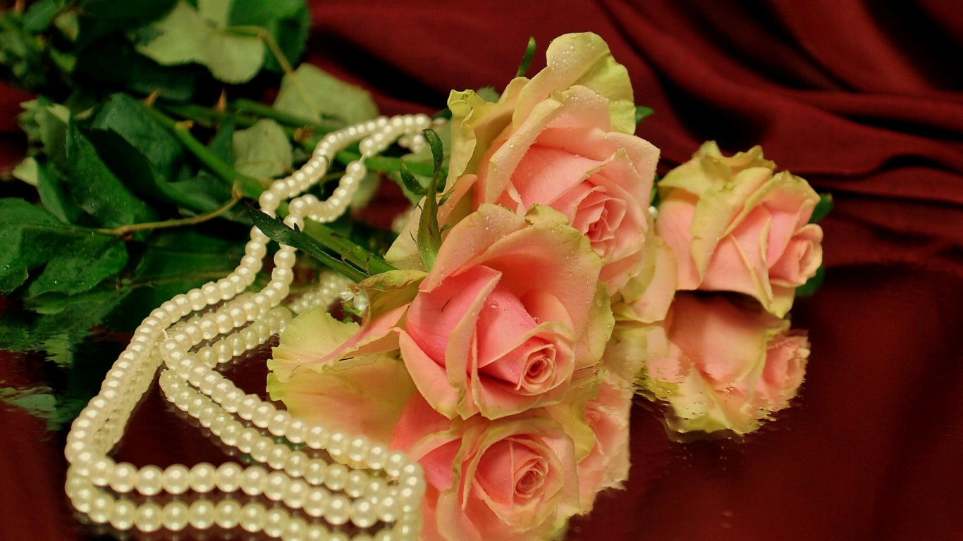 Rosa Rosen Auf Rotem Textil. Wallpaper in 1366x768 Resolution