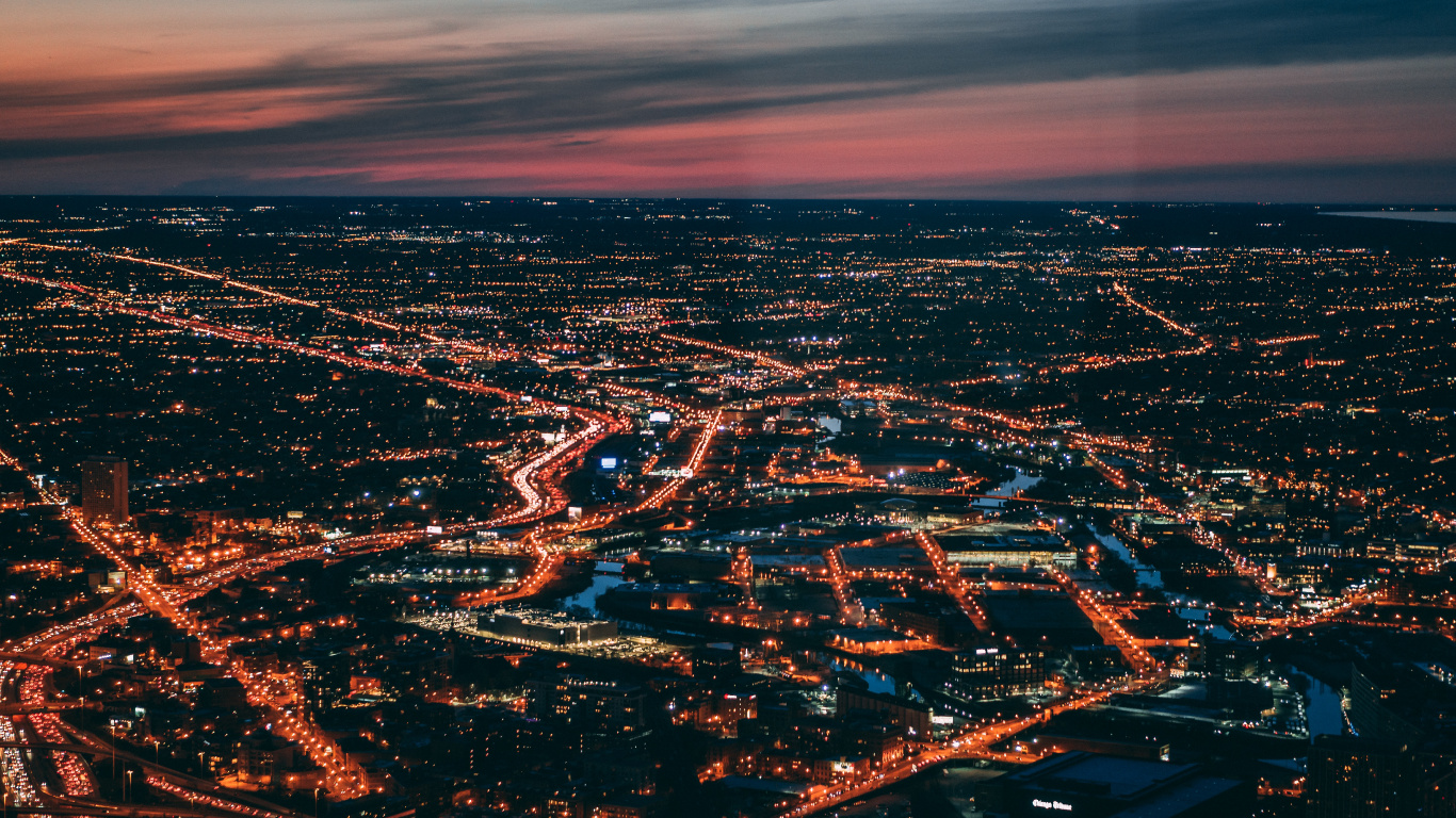 Aerial View of City During Night Time. Wallpaper in 1366x768 Resolution
