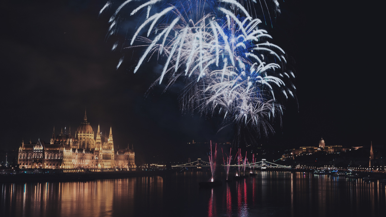 Budapest, Night, Fireworks, Reflection, Midnight. Wallpaper in 1280x720 Resolution
