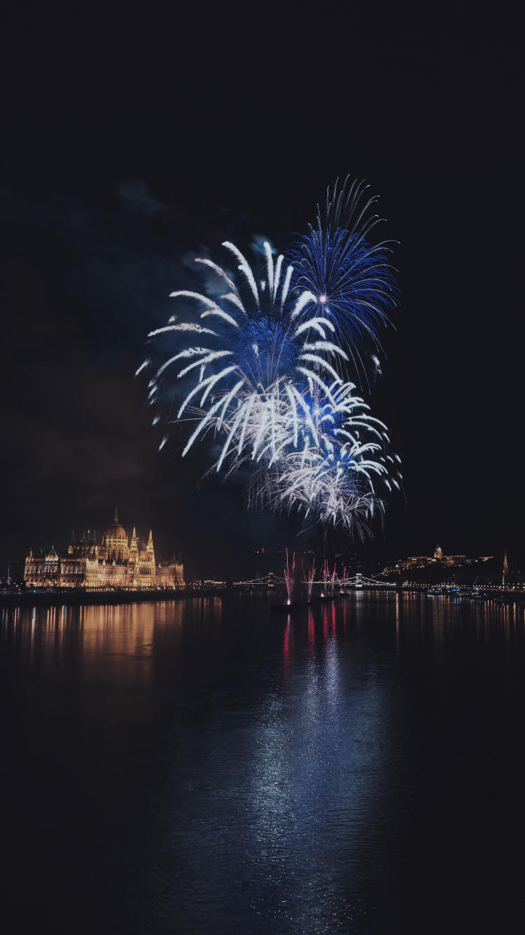 Budapest, Night, Fireworks, Reflection, Midnight. Wallpaper in 750x1334 Resolution