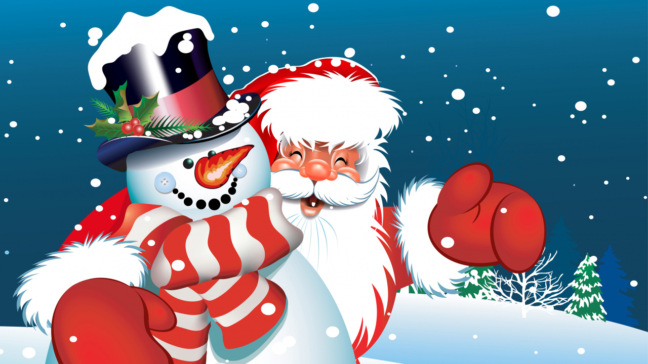 Weihnachtsmann, Weihnachten, Schneemann, Cartoon, Illustration. Wallpaper in 1280x720 Resolution