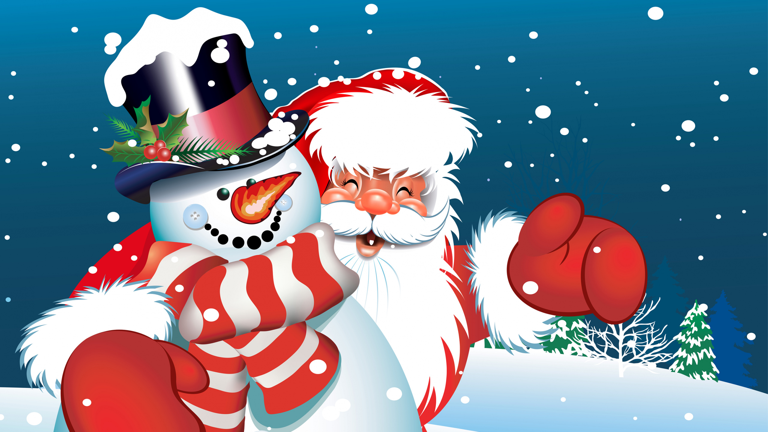 Weihnachtsmann, Weihnachten, Schneemann, Cartoon, Illustration. Wallpaper in 2560x1440 Resolution