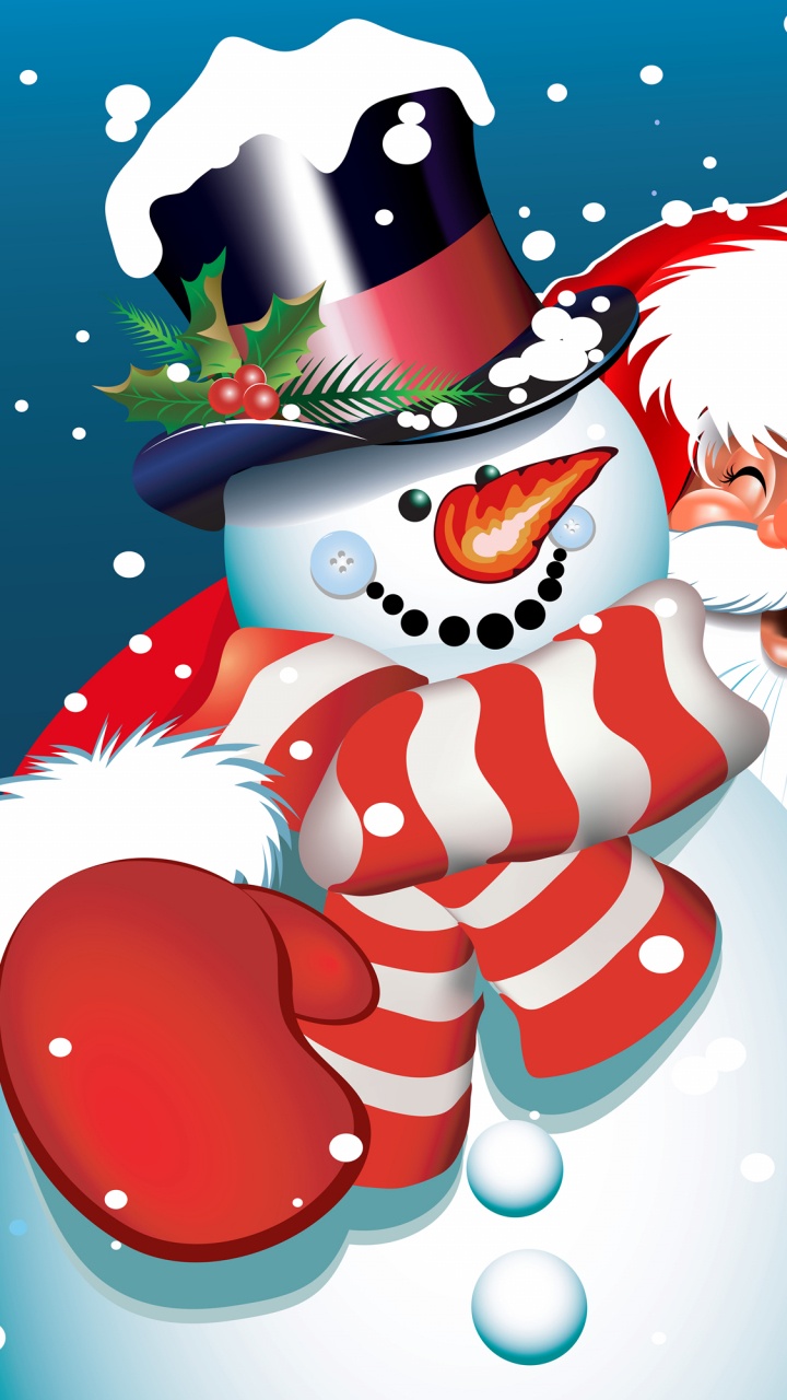 Weihnachtsmann, Weihnachten, Schneemann, Cartoon, Illustration. Wallpaper in 720x1280 Resolution
