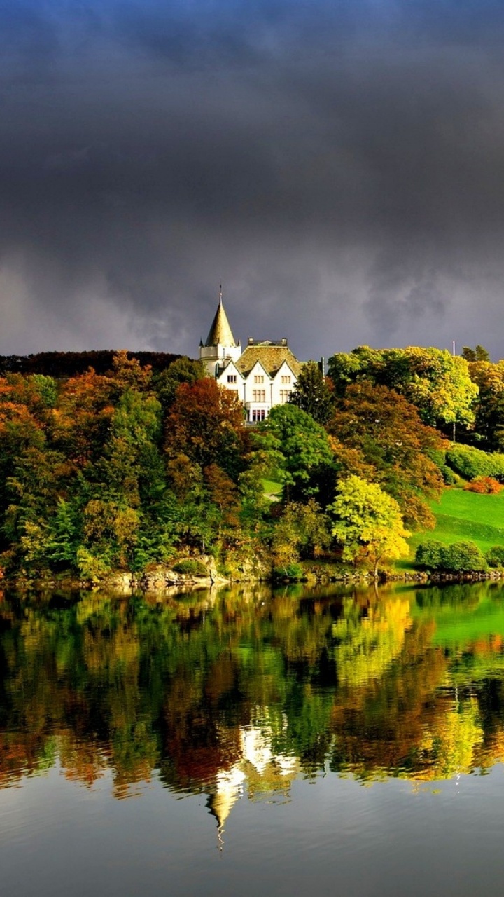 Green Trees Beside Lake Under Gray Clouds. Wallpaper in 720x1280 Resolution