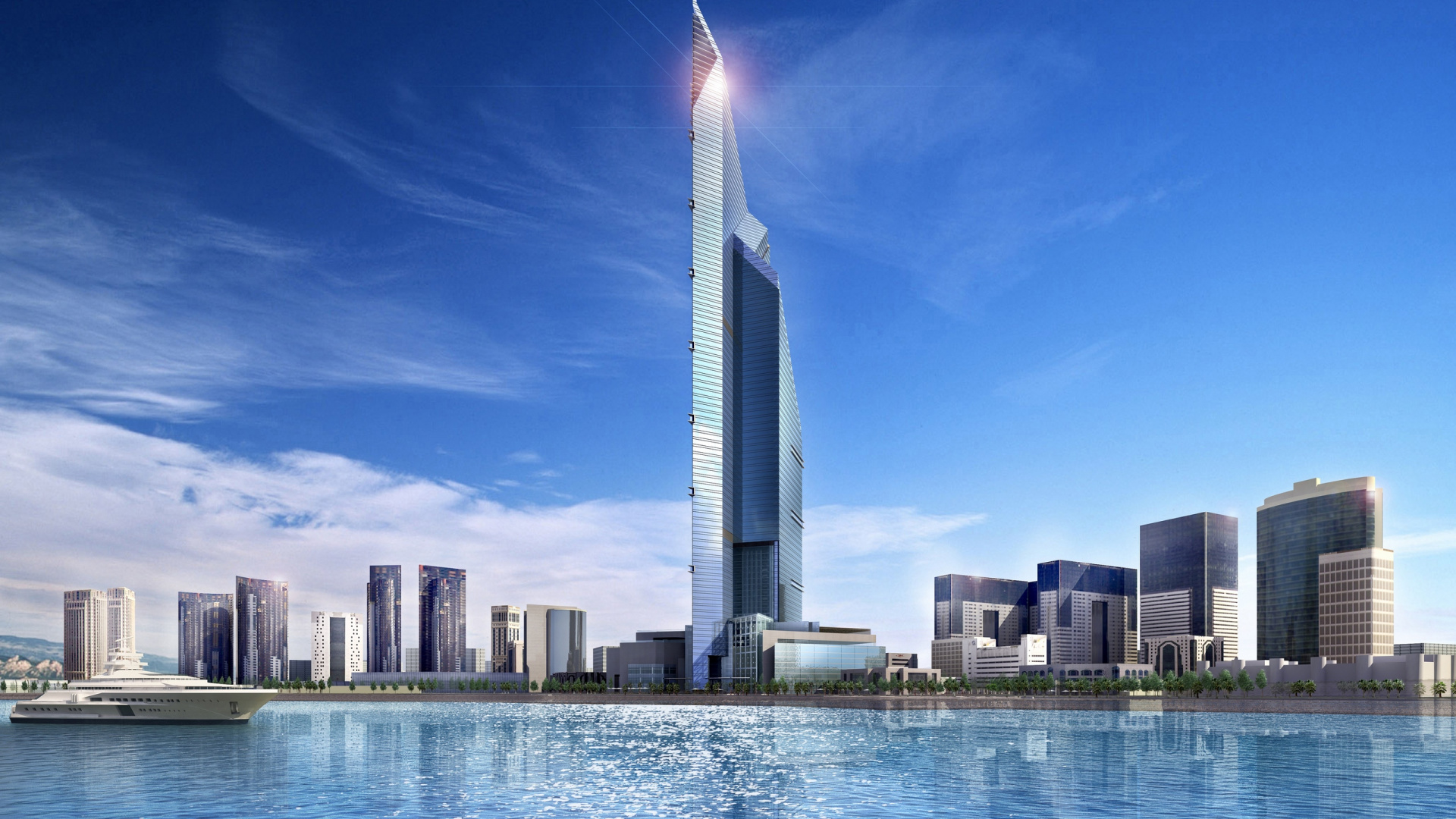 White and Gray High Rise Building Near Body of Water During Daytime. Wallpaper in 1920x1080 Resolution