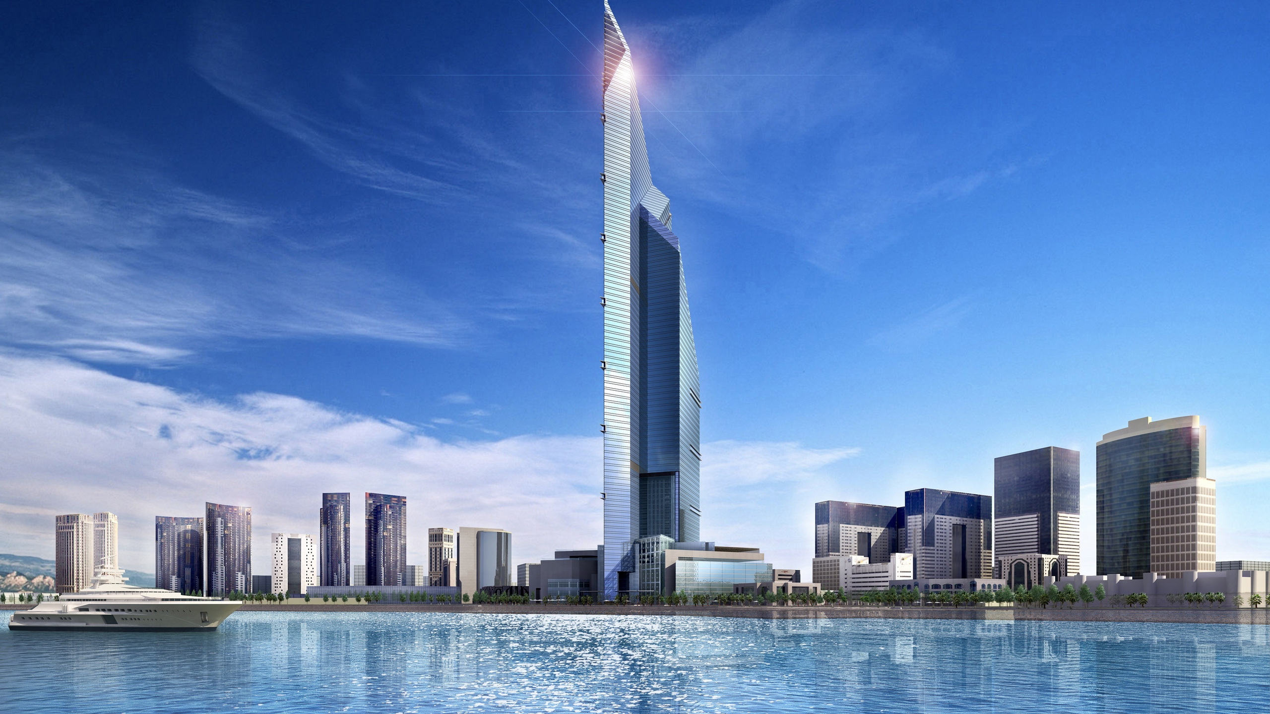 Weißes Und Graues Hochhaus in Der Nähe Eines Gewässers Tagsüber. Wallpaper in 2560x1440 Resolution