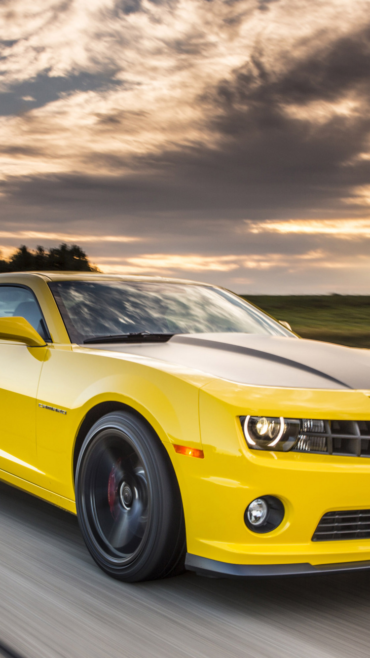 Yellow Chevrolet Camaro on Road During Daytime. Wallpaper in 750x1334 Resolution