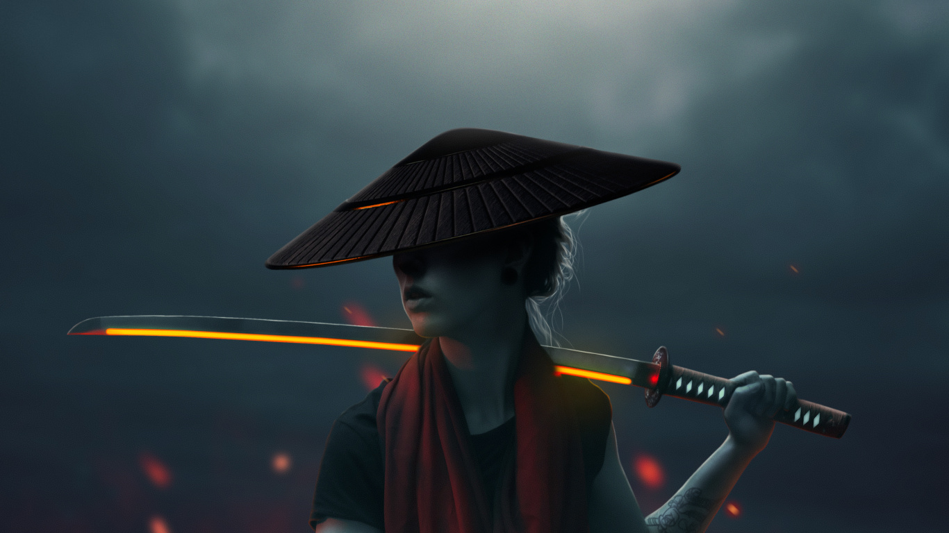 Asian Girl With Lava Sword, Samurai, Cloud, Performing Arts, Entertainment. Wallpaper in 1366x768 Resolution