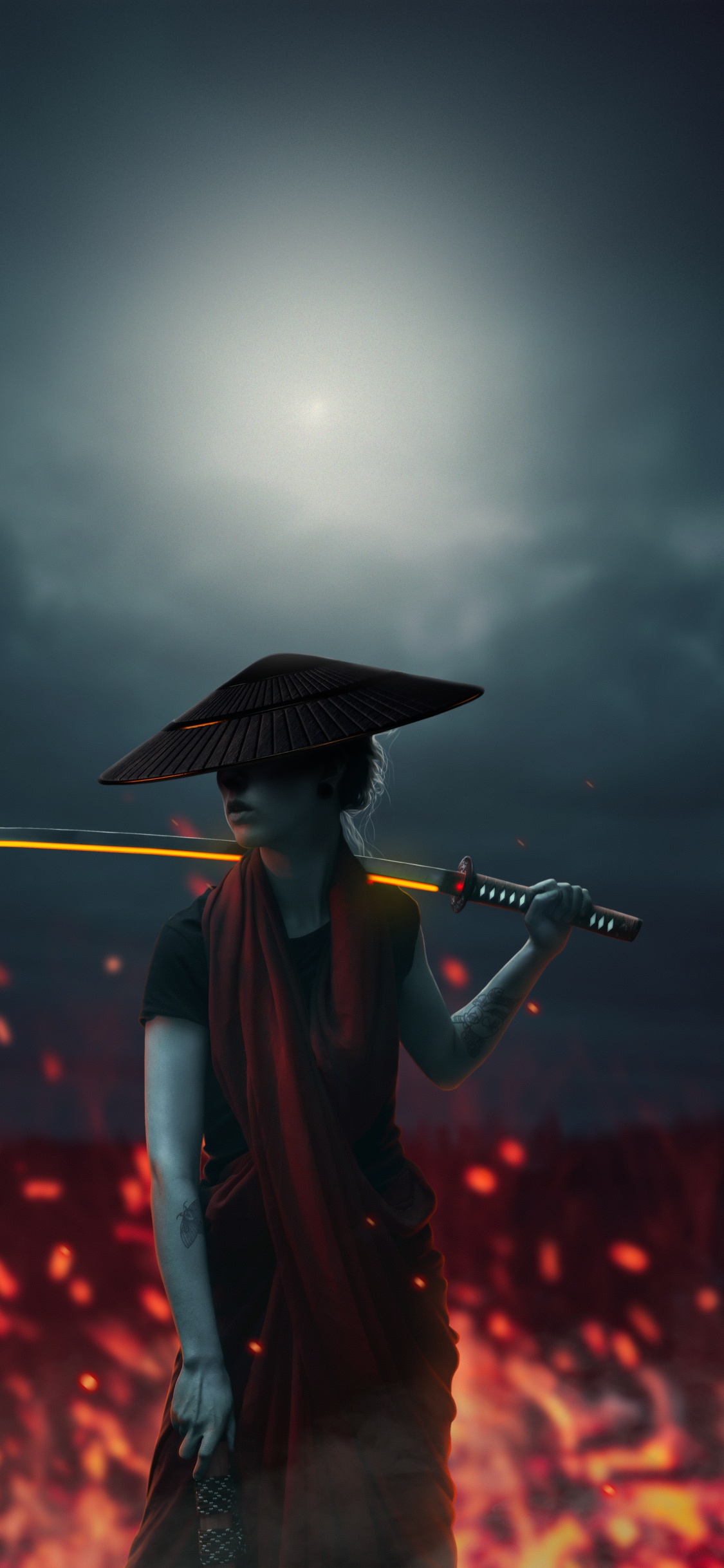 Asiatisches Mädchen Mit Lavaschwert, Samurai, Cloud, Darstellende Kunst, Unterhaltung. Wallpaper in 1125x2436 Resolution