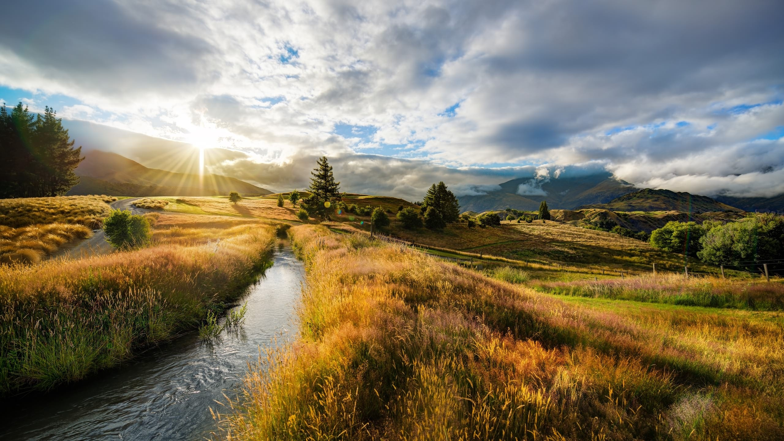 Green Grass Field Near River Under White Clouds and Blue Sky During Daytime. Wallpaper in 2560x1440 Resolution