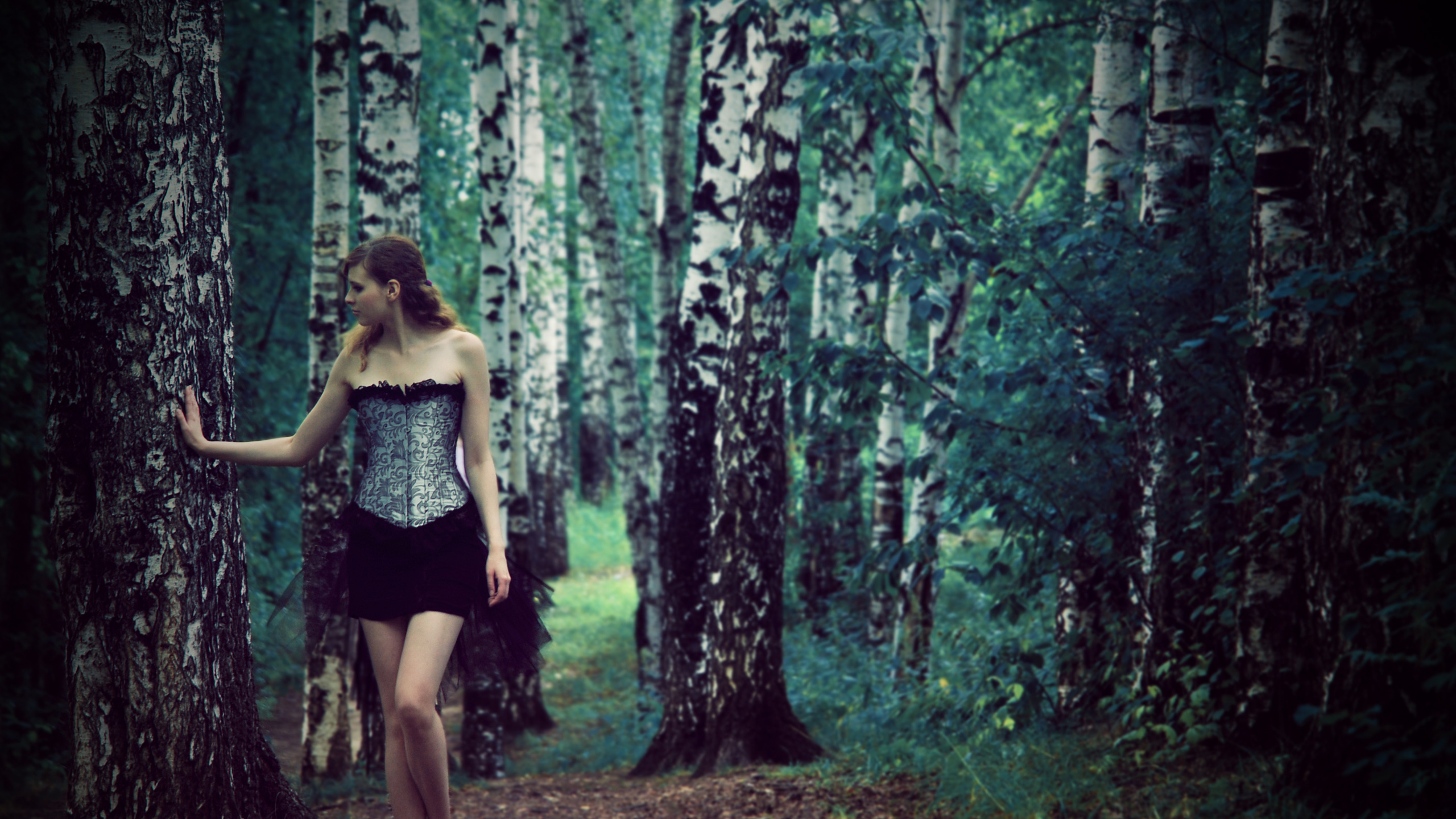 Woman in Black Tube Dress Standing in The Woods. Wallpaper in 2560x1440 Resolution