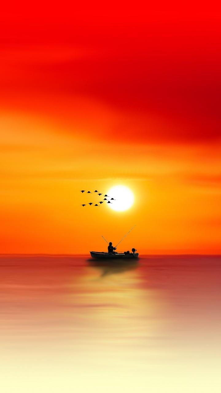 Silueta de Barco en el Mar Durante la Puesta de Sol. Wallpaper in 720x1280 Resolution