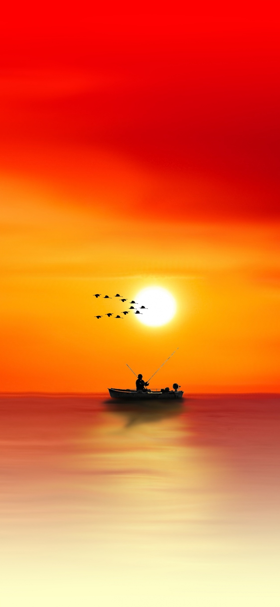 Silhouette Des Bootes Auf Dem Meer Bei Sonnenuntergang. Wallpaper in 1125x2436 Resolution