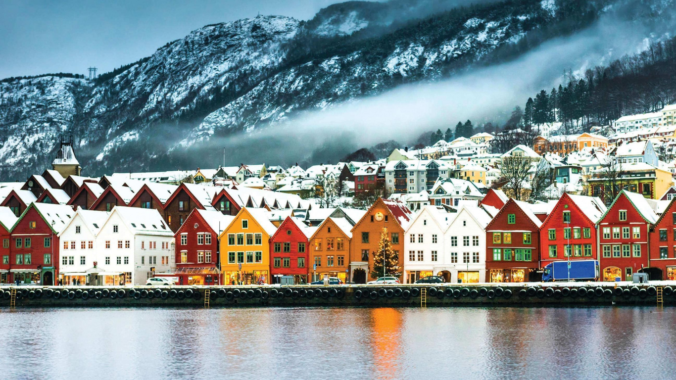 峡湾, 冬天, 山村, 反射, 阿尔卑斯山 壁纸 1366x768 允许