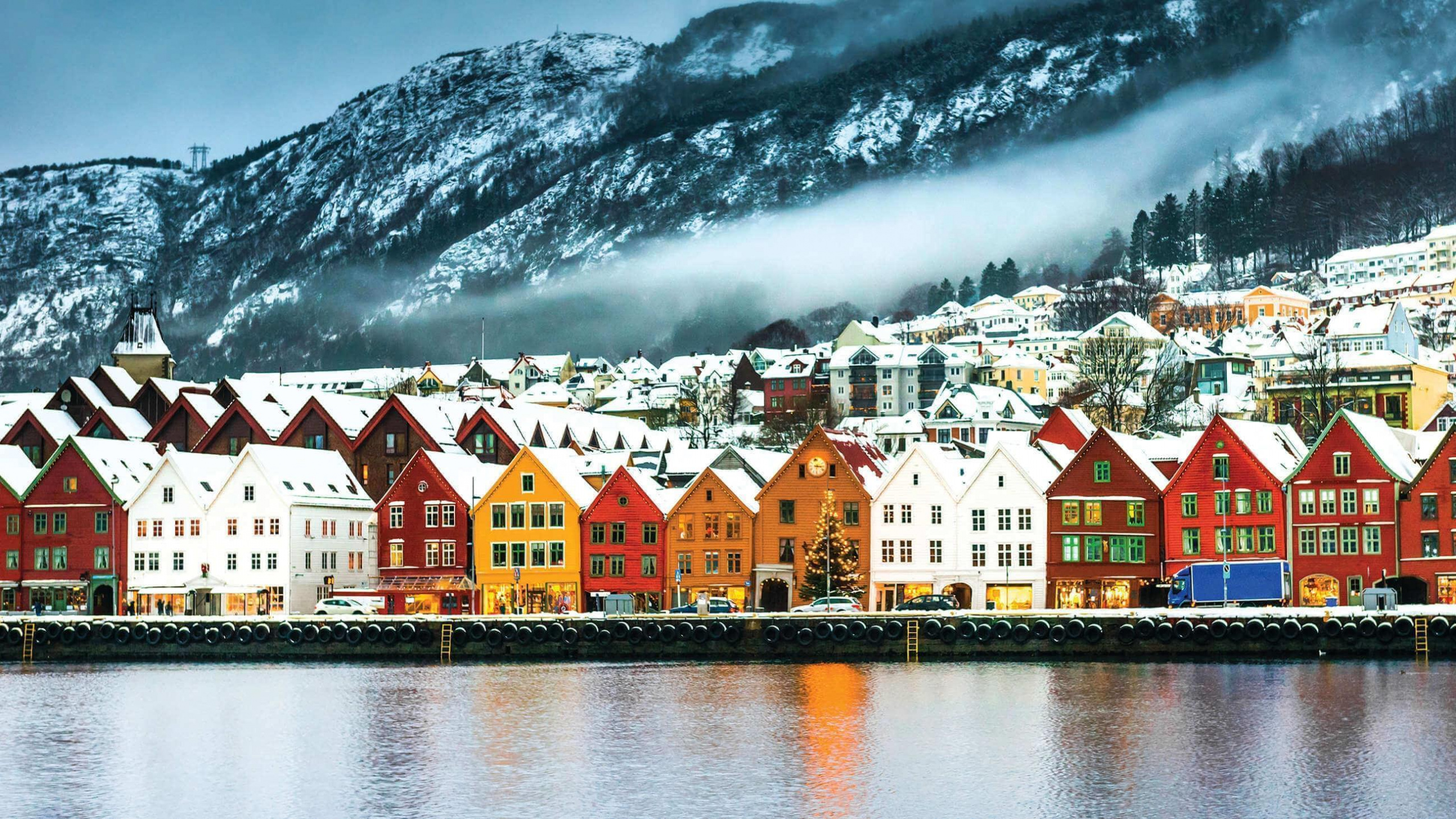 峡湾, 冬天, 山村, 反射, 阿尔卑斯山 壁纸 2560x1440 允许