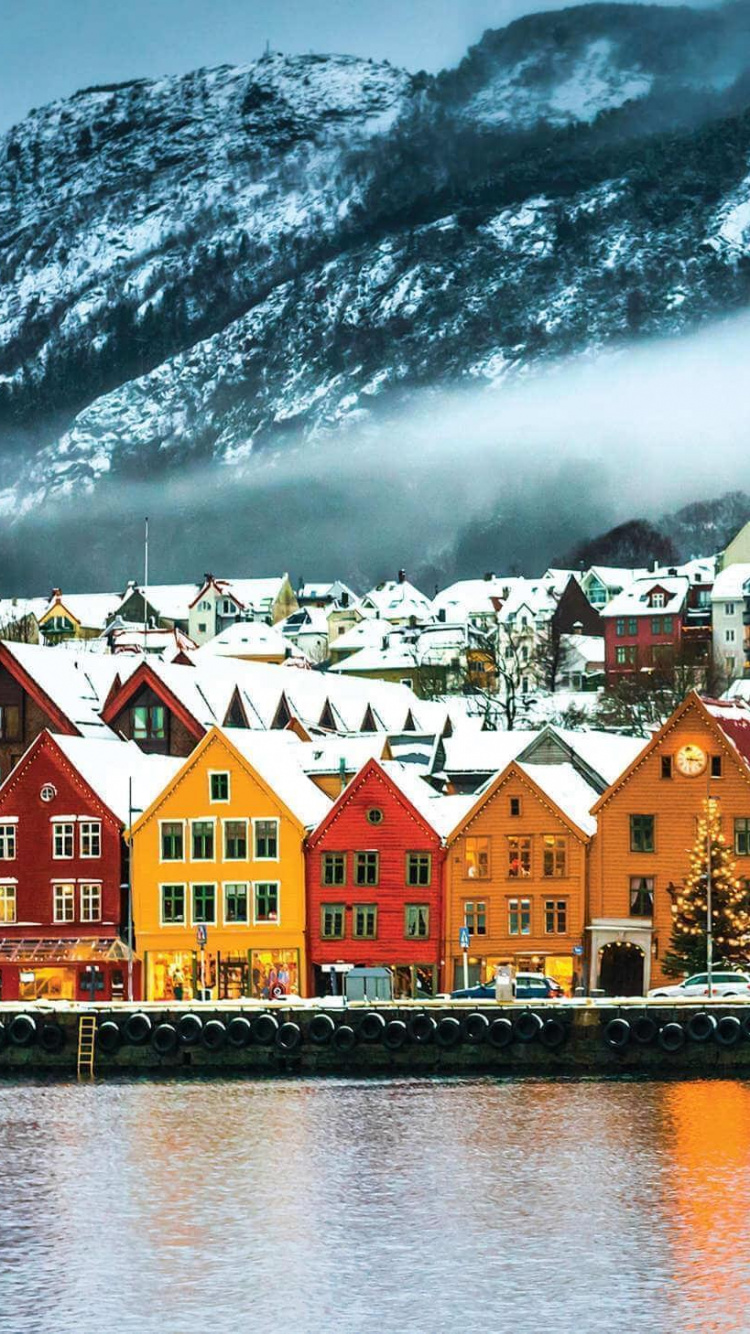 峡湾, 冬天, 山村, 反射, 阿尔卑斯山 壁纸 750x1334 允许