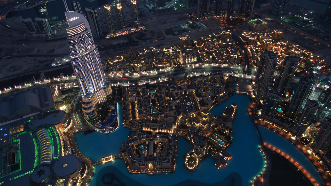 Aerial View of City Buildings During Night Time. Wallpaper in 1366x768 Resolution