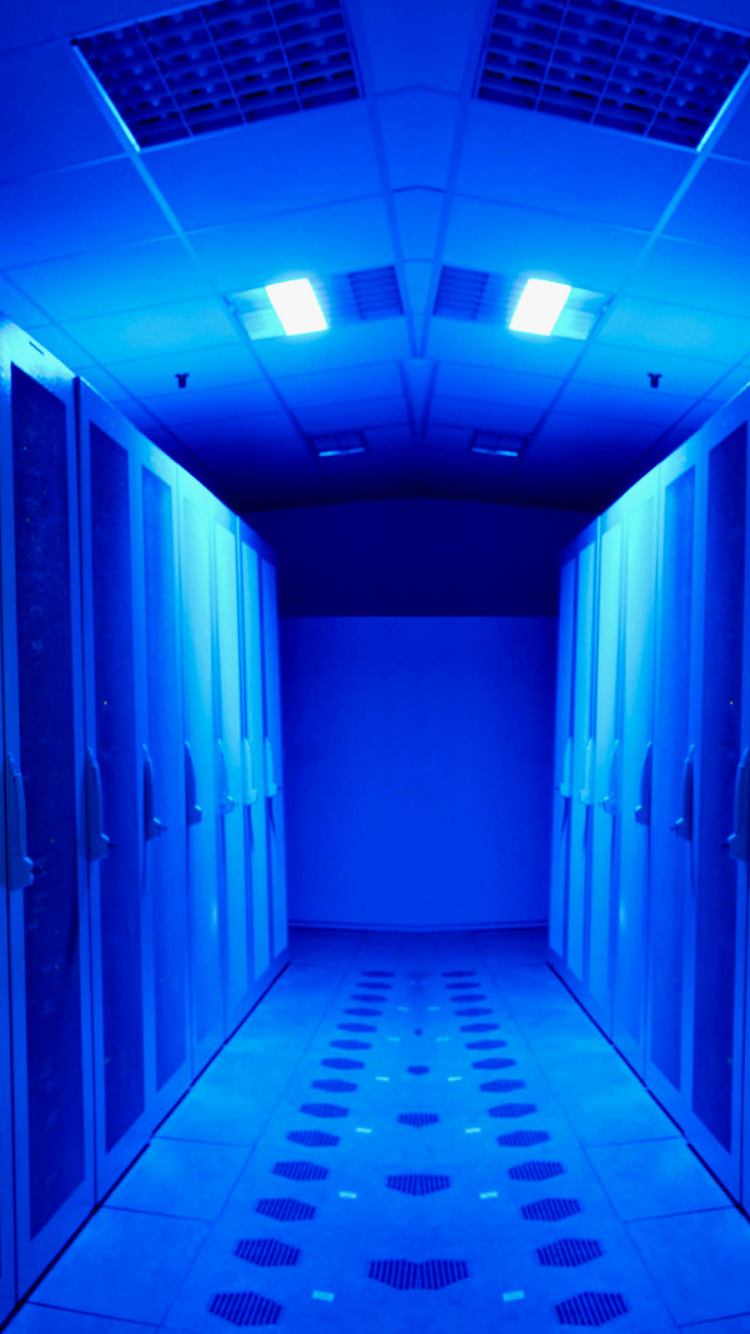 Blue and White Hallway With Blue Lights. Wallpaper in 750x1334 Resolution