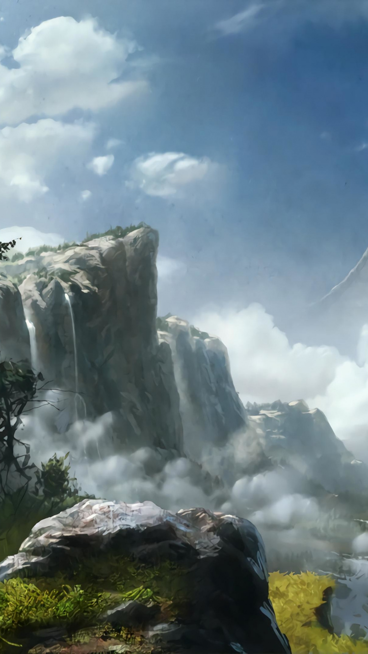 Cascades Sous Les Nuages Blancs et le Ciel Bleu Pendant la Journée. Wallpaper in 750x1334 Resolution