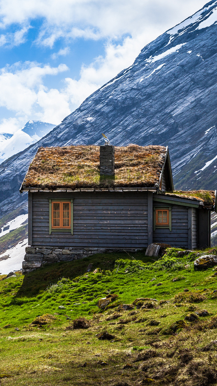 Braunes Holzhaus Auf Grüner Wiese in Der Nähe Von Schneebedeckten Bergen Tagsüber During. Wallpaper in 750x1334 Resolution