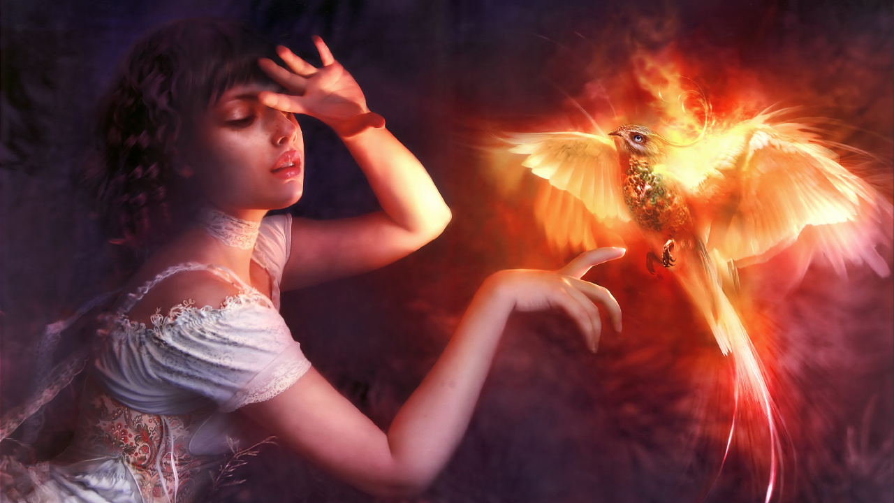 Phoenix Bird With Girl, Birds, Phoenix, Firebird, Lighting. Wallpaper in 1280x720 Resolution