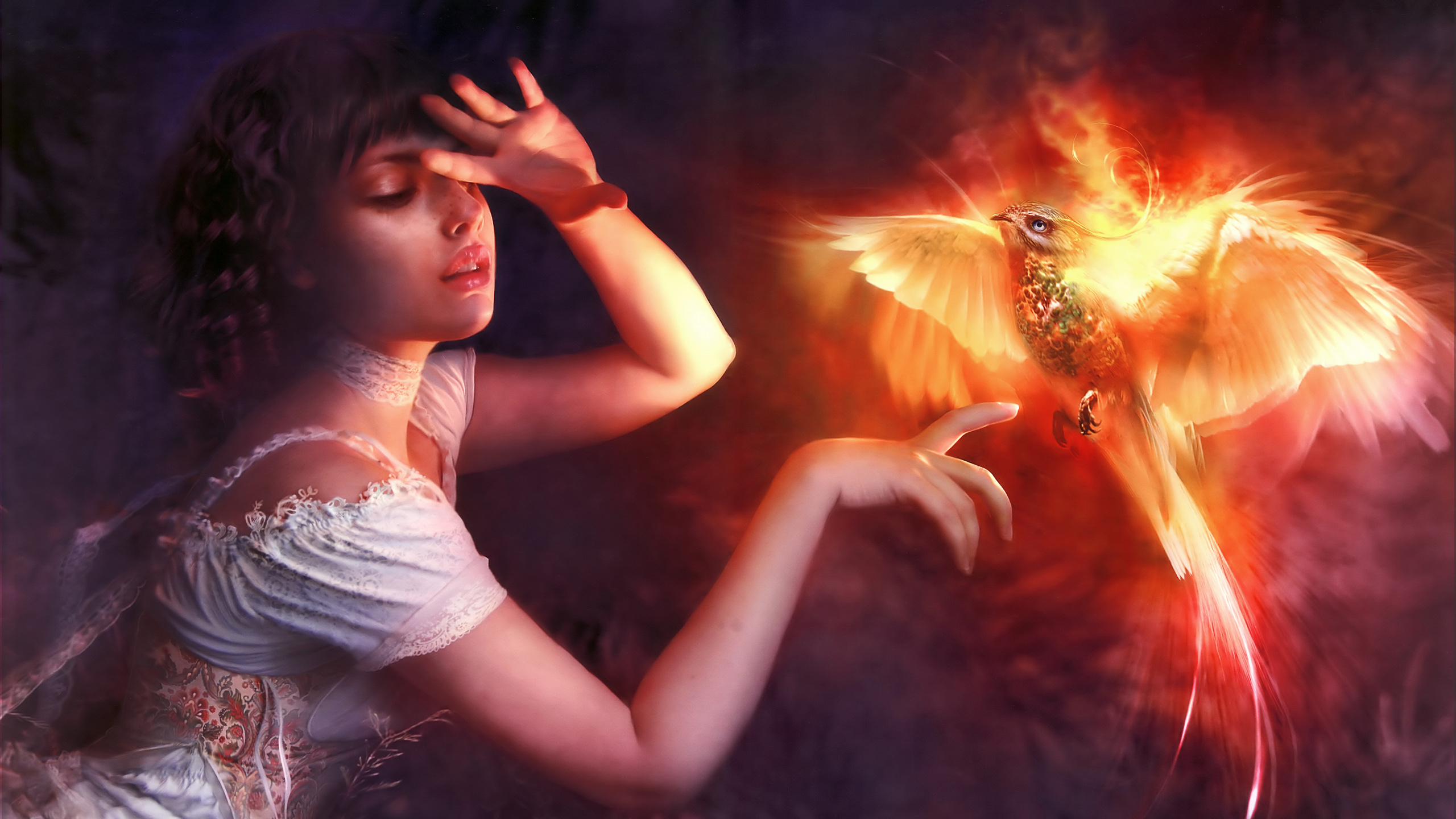 Phoenix Bird With Girl, Birds, Phoenix, Firebird, Lighting. Wallpaper in 2560x1440 Resolution