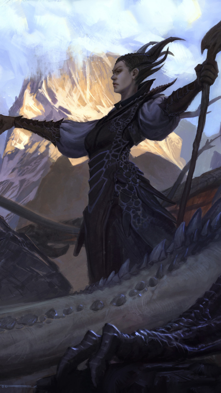 Femme en Robe Noire Debout Sur Rock Formation Painting. Wallpaper in 750x1334 Resolution