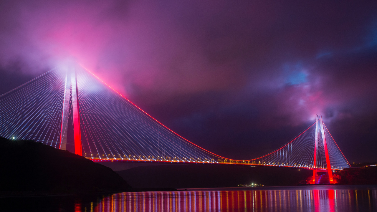 Bridge With Lights During Night Time. Wallpaper in 1280x720 Resolution