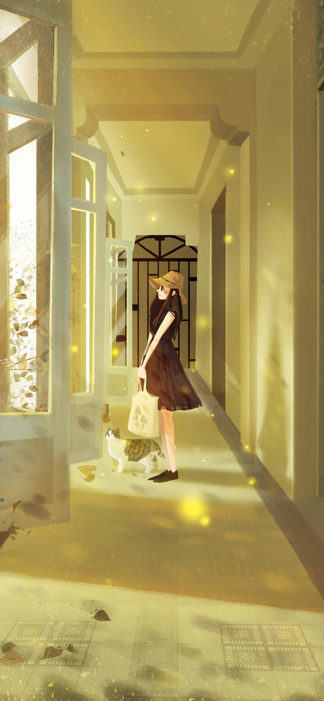 Woman in White Dress Walking on Hallway. Wallpaper in 1125x2436 Resolution