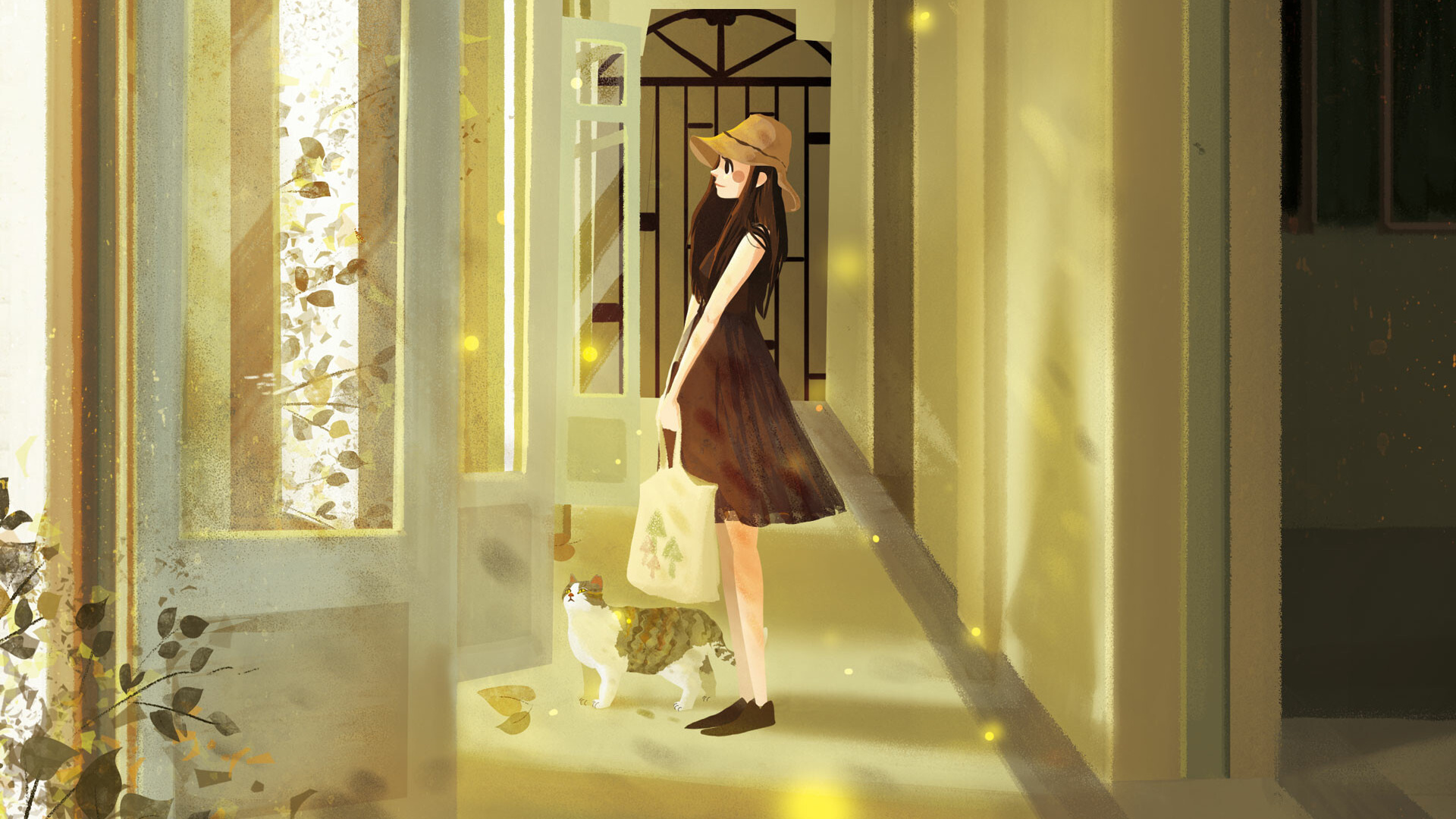 Woman in White Dress Walking on Hallway. Wallpaper in 1920x1080 Resolution