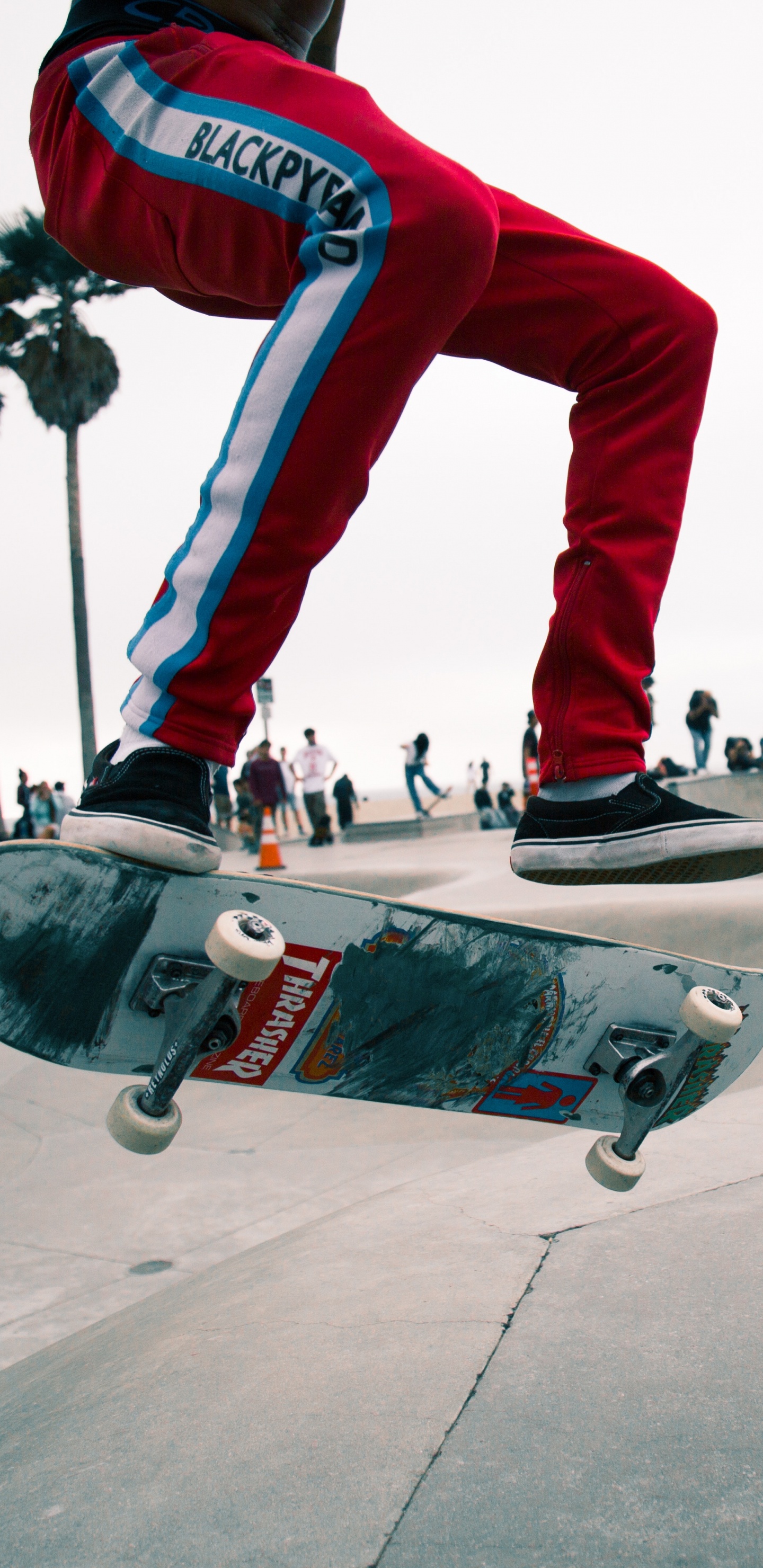 Mann in Roten Hosen Und Schwarz-weißen Turnschuhen, Die Skateboard Fahren. Wallpaper in 1440x2960 Resolution