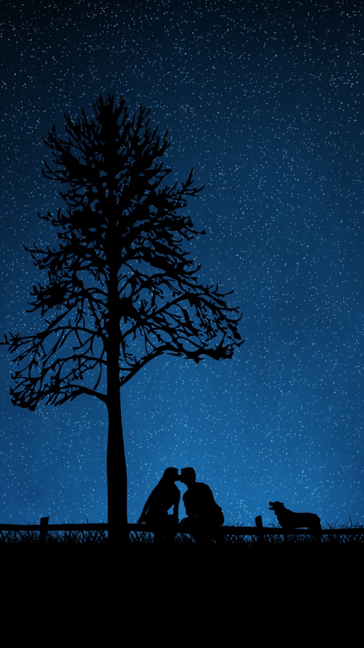 Silhouette, Tree, Black, Night, Blue. Wallpaper in 720x1280 Resolution