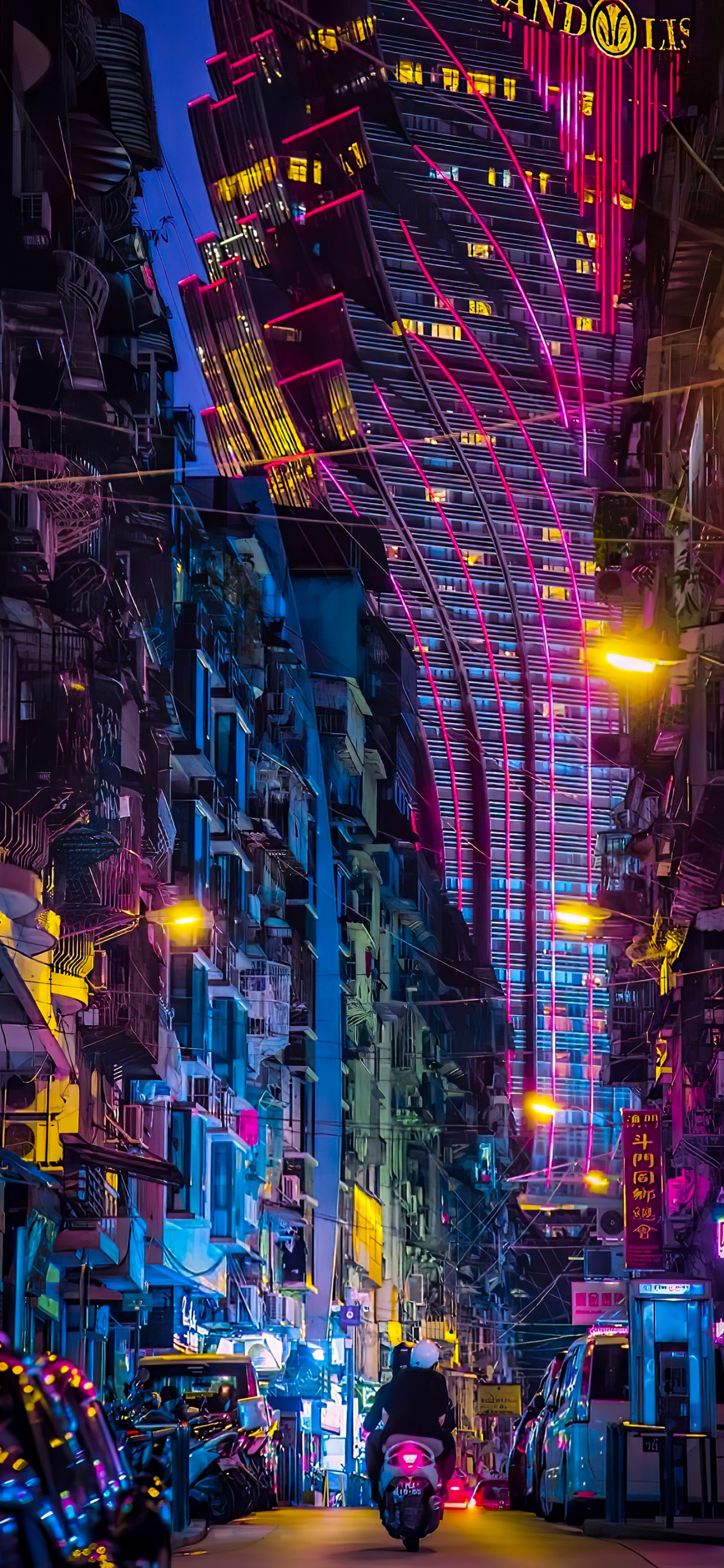 Manzana, Edificio, Luz, Morado, Electricidad. Wallpaper in 1242x2688 Resolution