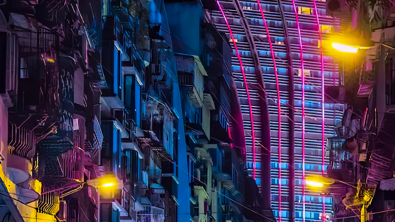 Manzana, Edificio, Luz, Morado, Electricidad. Wallpaper in 1280x720 Resolution