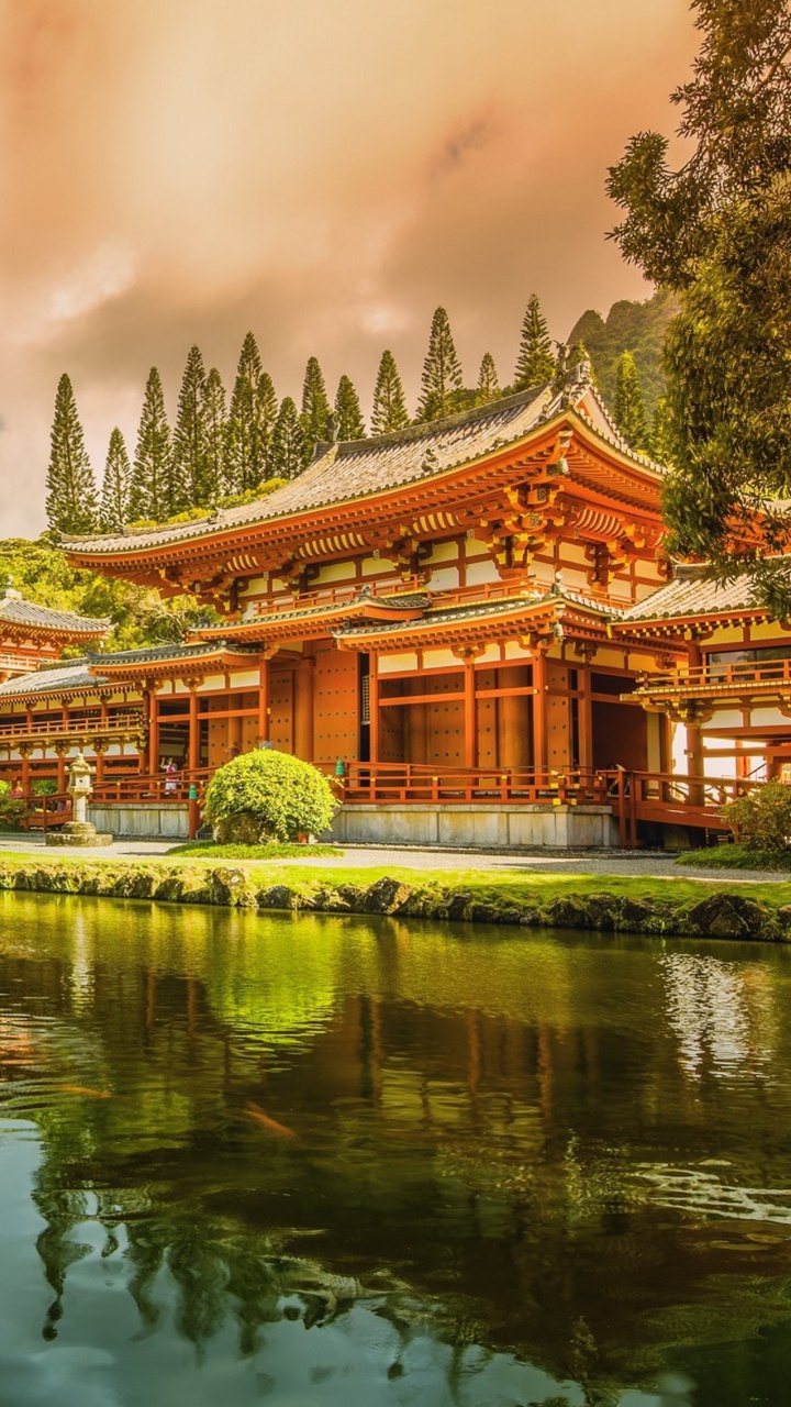Brown and White Temple Near Green Trees and Lake Under Cloudy Sky During Daytime. Wallpaper in 720x1280 Resolution