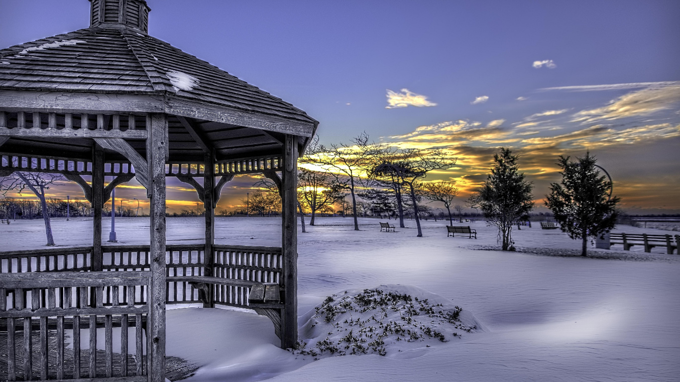 Cloud, Snow, Tree, Fence. Wallpaper in 1366x768 Resolution