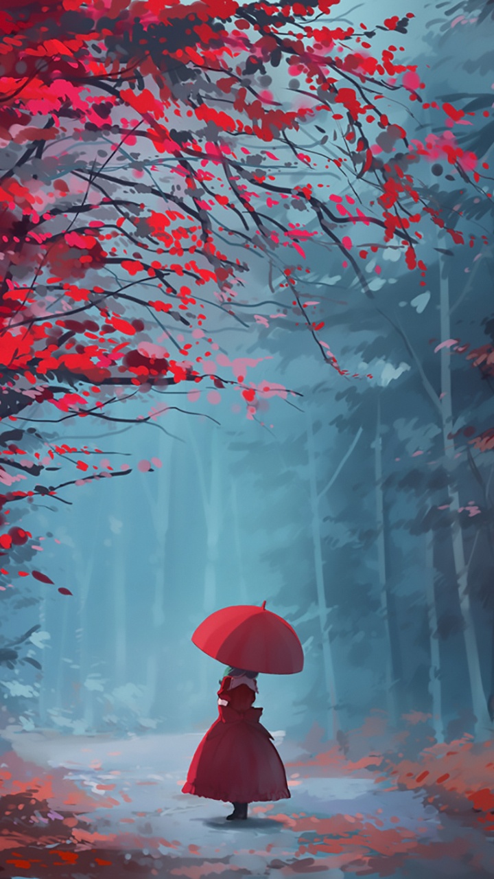 Personne Tenant un Parapluie Rouge Debout Sur la Forêt Pendant le Jour Brumeux. Wallpaper in 720x1280 Resolution