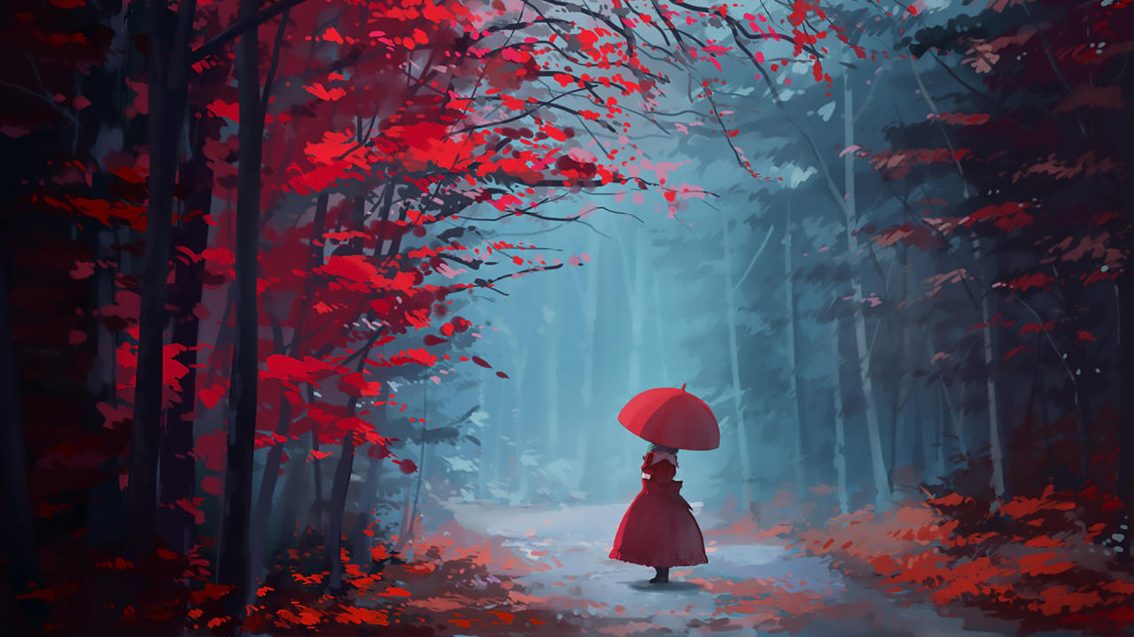 Person, Die Einen Roten Regenschirm Hält, Der an Einem Nebligen Tag Auf Dem Wald Steht?. Wallpaper in 1280x720 Resolution