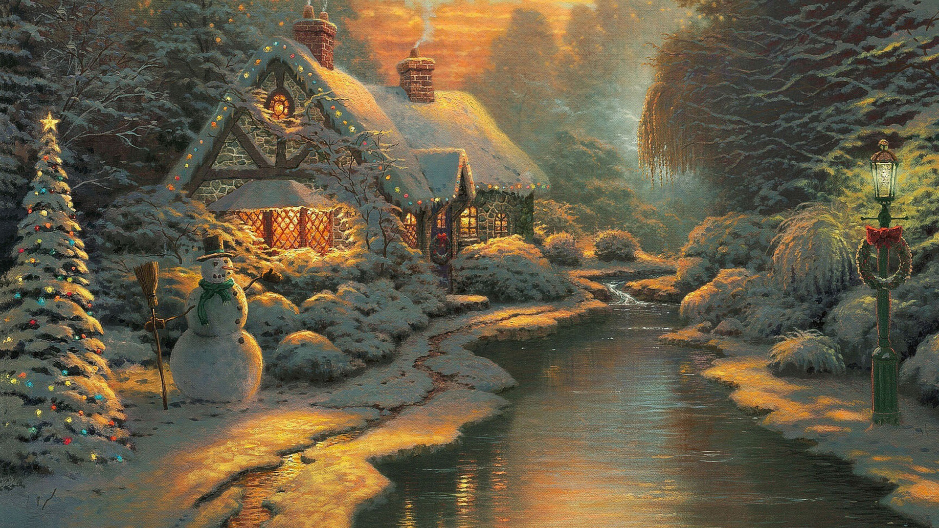 Brown House Near River Painting. Wallpaper in 1920x1080 Resolution