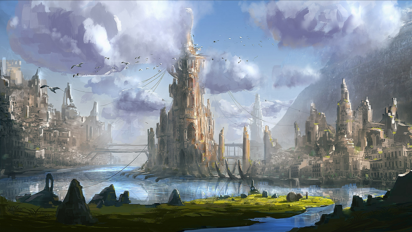 Brown Castle on Body of Water Under Cloudy Sky. Wallpaper in 1366x768 Resolution