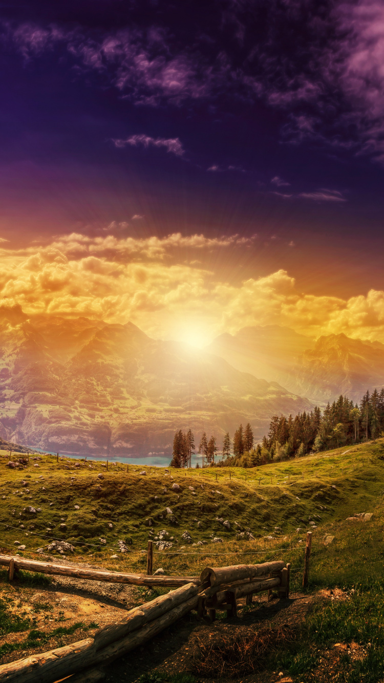 Brown Wooden Bench on Green Grass Field Near Mountains During Sunset. Wallpaper in 750x1334 Resolution
